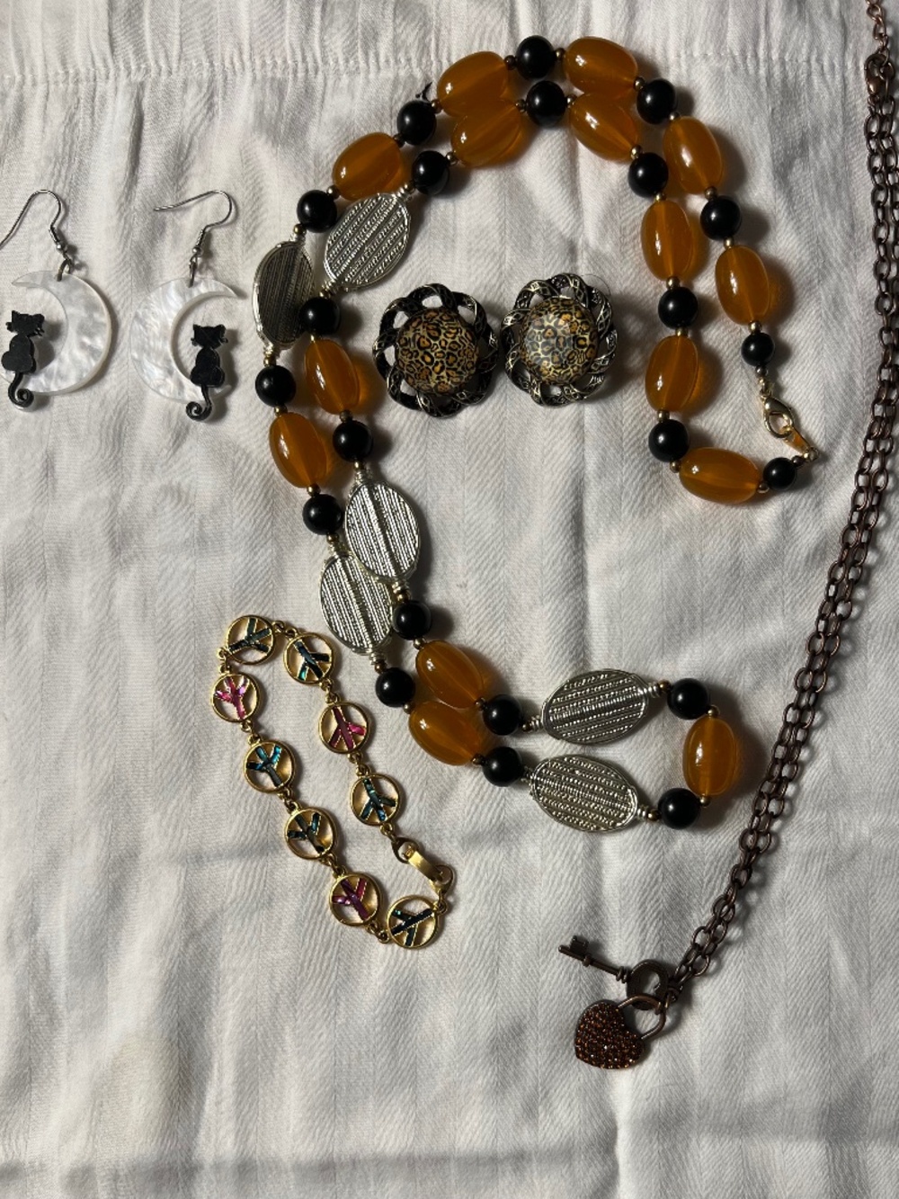 Vintage Boho Whimsical Jewelry Lot 5 Pc Set Cat Peace Heart Retro Necklace